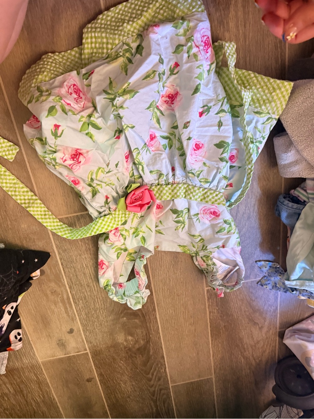 Floral Pink Rose Girls' Formal Dress with Green Gingham Trim